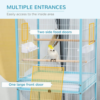 PawHut Large Bird Cage with 1.7 ft. Width for Wingspan, Bird Aviary Indoor with Multi-Door Design, Fit for a Canary, Finch, Conure, 55", Light Blue