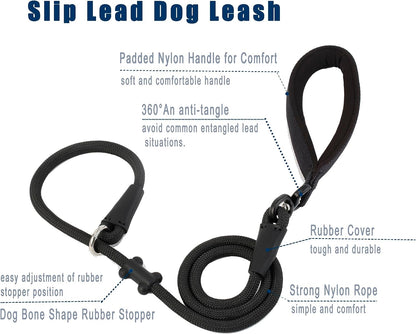 Slip Lead Dog Leash，Strong Nylon Rope Leash and Padded Handle,No Pull Outdoor Walking Training Lead for Small Medium Large Dogs(Black, 1/2"×4ft)