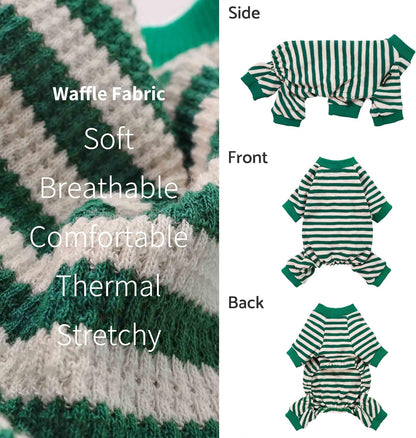 Fitwarm Green and White Striped Dog Pajamas, Waffle Dog Clothes for Small Dogs Girl Boy, Puppy Onesie with Feet, Pet Cat Outfit, XL