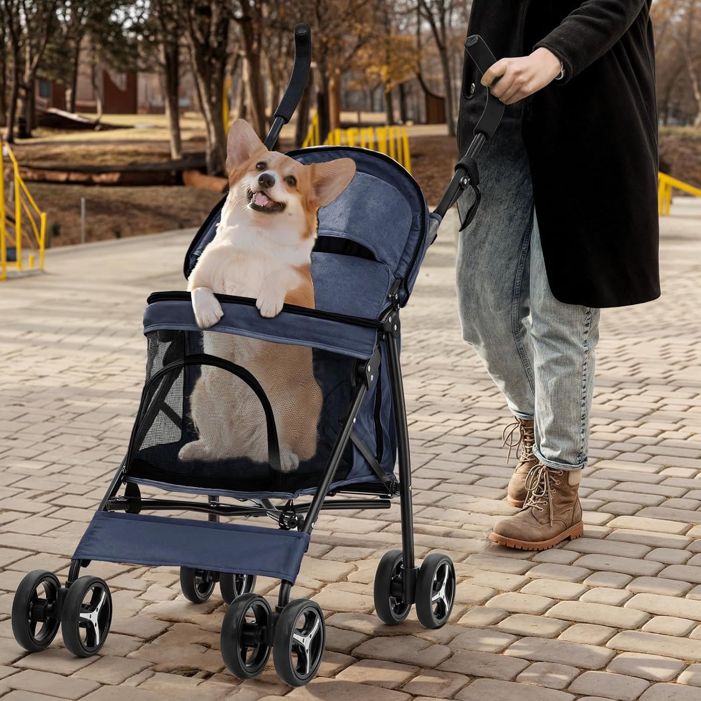 MoNiBloom 4 Wheels Pet Stroller, Easy-Fold Puppy Cage Jogger Stroller with Sun Cover, Pad and Rear Storage Bag, Breathable and Visible Mesh for Small/Medium Pets up to 22 lbs, Navy Blue - Pawvie