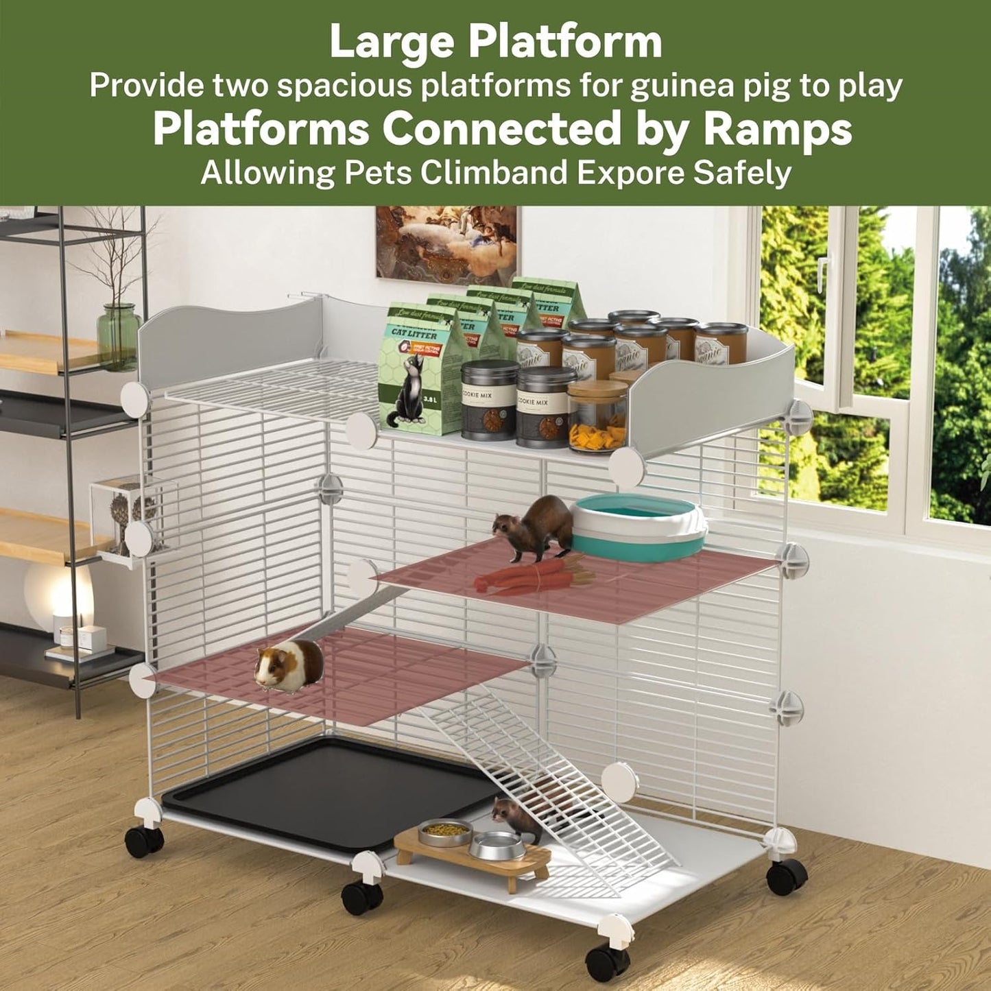 Large Guinea Pig Cages Indoor on Wheels, 3 Tier C&C Ferret Cage Small Animal Hideout House with Top & Removable Tray, Pet Playpen Fence for 1-3 Hamster, Rat, Chinchilla, Hedgehog