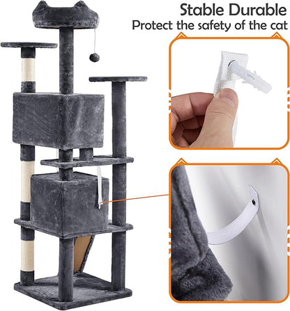 Yaheetech 62in Cat Tree Cat Tower for Indoor Kitty, Pet Furniture w/Double Condo, Scratching Posts, Multiple Platforms and Balls for Kittens, Dark Gray
