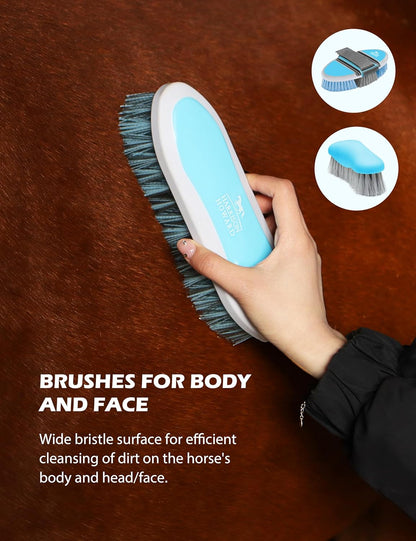 Harrison Howard Horse Grooming Kit 11-Piece Equine Care Series Horse Brush Sets with Organizer Tote Bag Tack Room Supplies Shedding Grooming Massaging Tools Blue Brushstroke Ponies