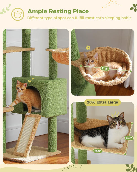 PEQULTI Tall Cat Tree, Floor to Ceiling Cat Tree Tower Adjustable [90.5''-100.4''=230-252CM] with Cat Condo, Cat Hammock and Scratching Post, Climbing Tree for Indoor Large Cats, Green