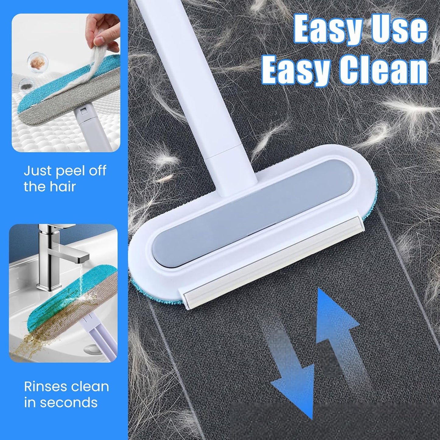 Pet Hair Removal Tool, Multifunctional Reusable Pet Hair Remover Brush for Lint, Cat & Dog Hair Remover for Couch Furniture Car Bed Window Clothes, Washable 4 in 1 Brush with Long Handle & 2 Scrapers