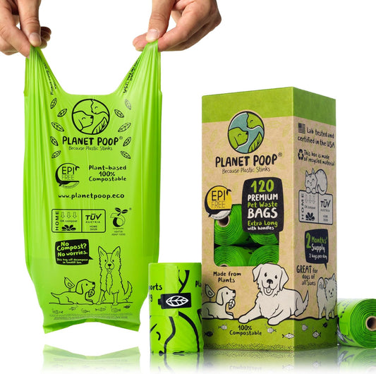 PLANET POOP Home Compostable Dog Poop Bags Extra-long with Handles 120 Un-Scented Pet Waste Bags Plastic Free, Thick Leakproof Plant-Based Doggy Bag, Cats & Dogs Pet Supplies