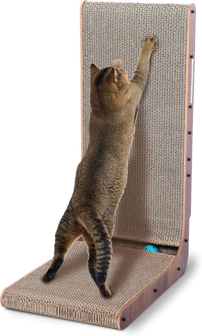 Cat Scratcher with Cat Toys Ball Track, Build-in Ball, L-Shaped Scratcher, Cardboard Lounge Bed, Stable and Durable, Furniture Protector, Reversible