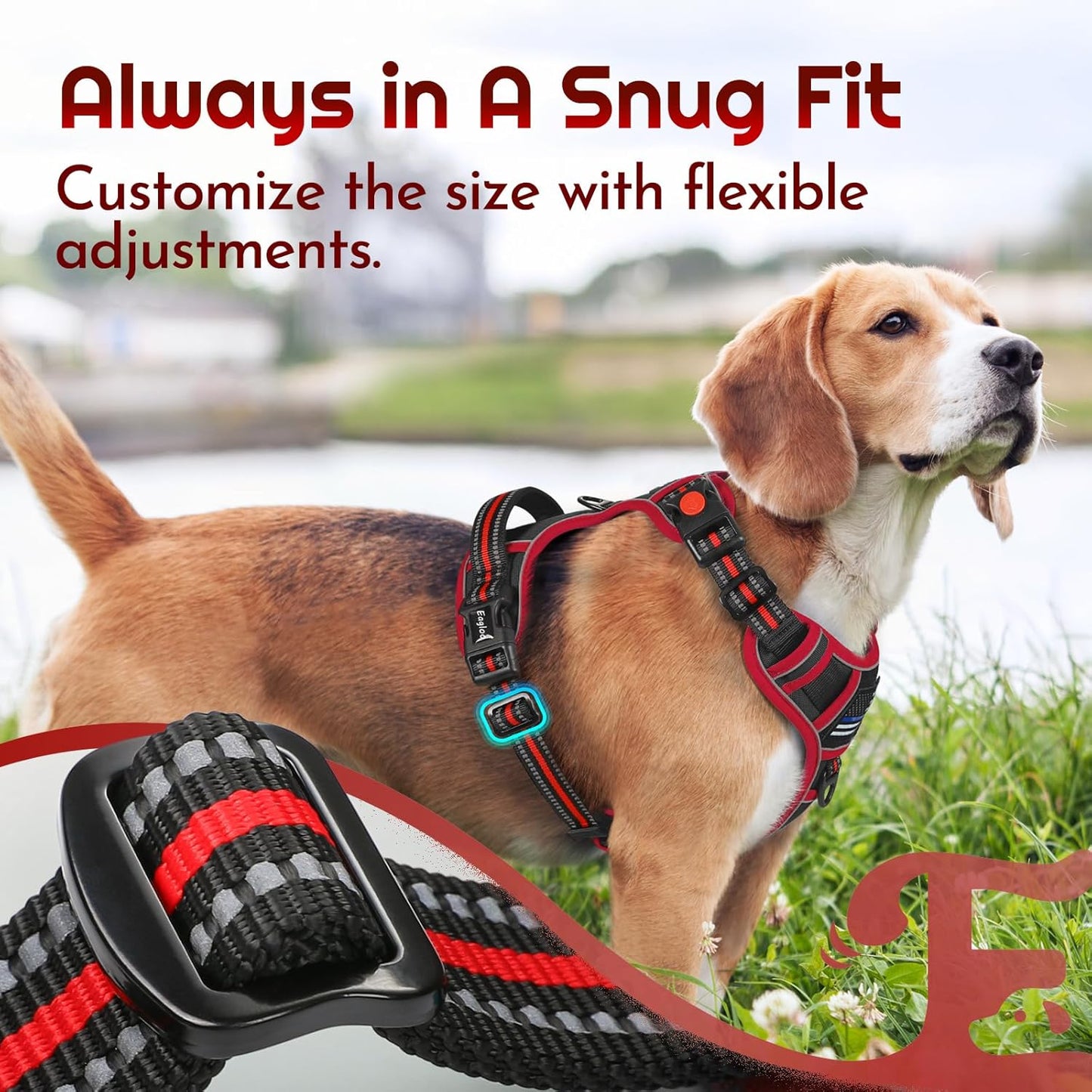 Eagloo Dog Harness Small Sized, Easy Wearing with 3 Buckles, Adjustable No Pull Pet Harness with 2 Rings for Walking, No Chock Reflective Soft Padded Vest with Control Handle, Black & Red, S