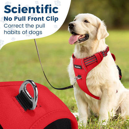 Funfox Dog Harness No Pull, Adjustable Pet Vest Harness, Super Soft Material with Vertical Handle Easy Control, Reflective Night Walking, 2 Leash Clips for Medium Sized Dogs, Red, M