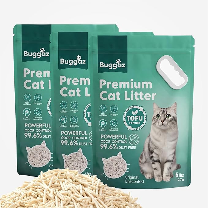 Premium Tofu Cat Litter-18lbs |Natural, Compostable, Flushable, Low Tracking, Unscented Fast Clumping & Ultra Absorbent | Dust-Free, Water-Soluble & Odor Control Litter 6lbs×3 Bags
