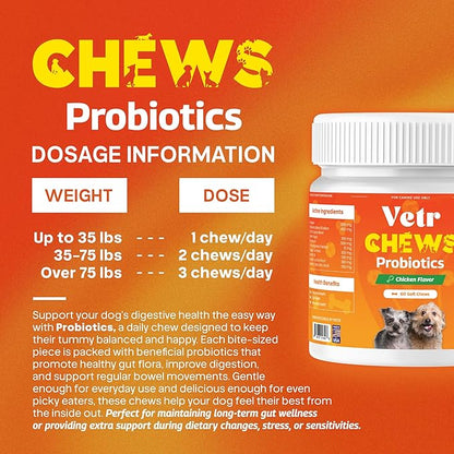 Vetr Probiotic Chews for Dogs - Chicken Flavored - Probiotics for Digestive Health - 60 Soft Chews - Vet-Formulated in USA