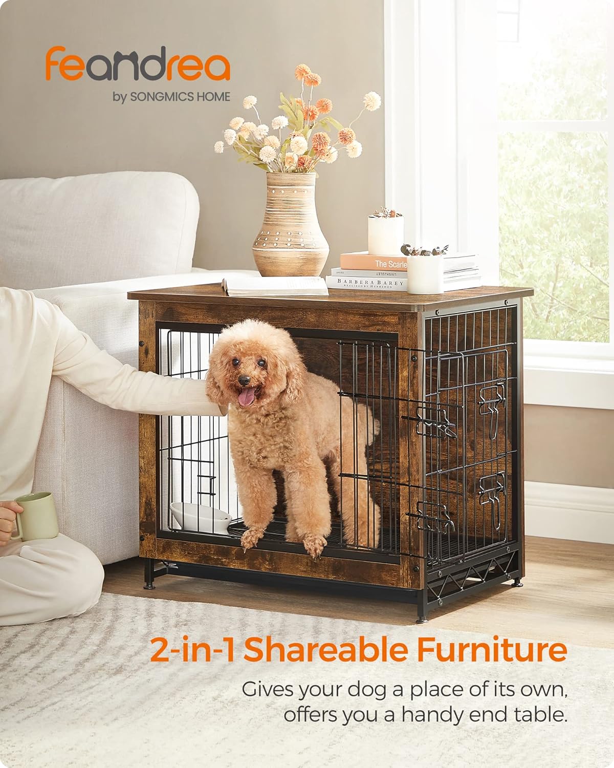 Feandrea Dog Crate Furniture, 27.2" Side End Table, Modern Kennel for Dogs Indoor up to 30 lb, Heavy-Duty Dog Cage with Multi-Purpose Removable Tray, Double-Door Dog House, Rustic Brown UPFC001X01