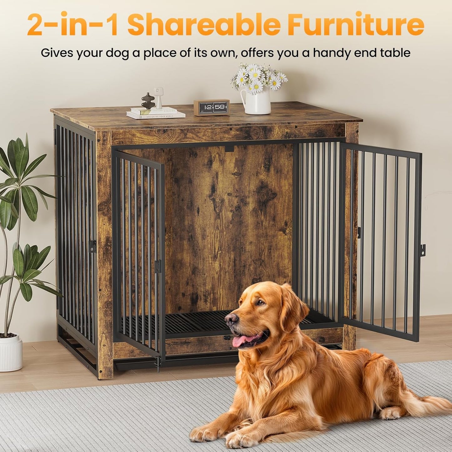 Dog Crate Furniture, Large Dog Crate Furniture, Wooden Cage Kennel Furniture Indoor, Modern Dog Crate with Multi-Purpose Removable Tray, Double-Doors Dog Furniture, Rustic Brown
