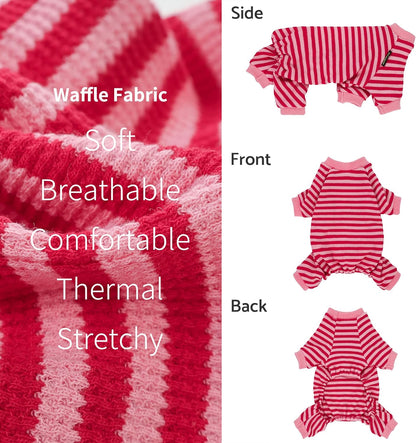 Fitwarm Pink and Red Striped Dog Pajamas, Waffle Dog Clothes for Small Dogs Girl Boy, Puppy Onesie with Feet, Pet Cat Outfit, XL