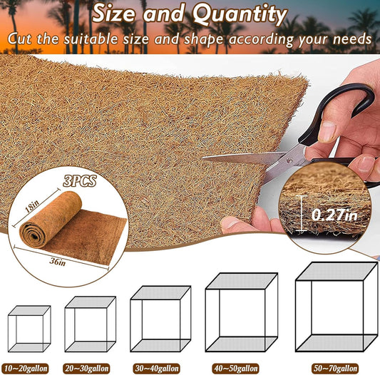 ZeeDix 3 Pieces Coconut Fiber Reptile Substrate Mat, 18 x 36 inches Natural Coco Mat Reptile Carpet Coco Fiber Liner Turtle Bedding Reptile Terrarium Liner for Lizard Snake Turtle Gecko Bearded Dragon