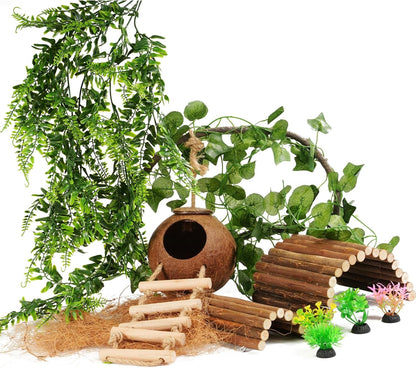 10PCS Crested Gecko Tank Accessories, Reptile Plants Bridge Vines, Coconut Shell with Ladder for Lizard, Chameleon Cage, Snakes, Hermit Crab, Leopard Gecko Tank Accessories, Terrarium Decor