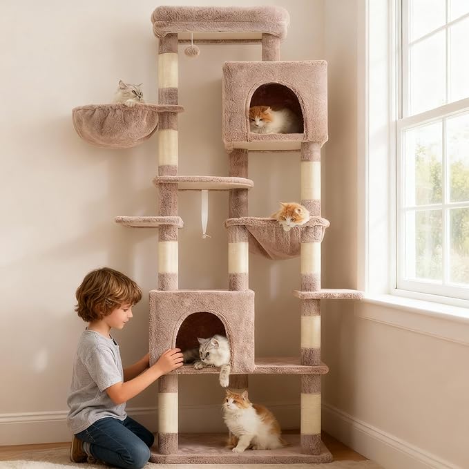 Heybly Cat Tree, 76-Inch Tall Heavy Duty Cat Tower for Big Cats with Extra Wide Baseboard, Multi-Level Large Cat Furniture with 2 Condos & 2 Hammocks, 10 Scratching Posts, Muchroom HCT039MU