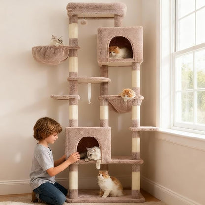 Heybly Cat Tree, 76-Inch Tall Heavy Duty Cat Tower for Big Cats with Extra Wide Baseboard, Multi-Level Large Cat Furniture with 2 Condos & 2 Hammocks, 10 Scratching Posts, Muchroom HCT039MU