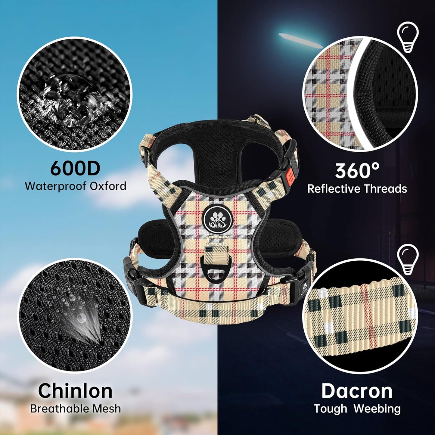 NESTROAD No Pull Dog Harness with Leash, Reflective No Choke Pet Vest Harness,Adjustable Soft Padded Dog Harness with Easy Control Handle for Large Dogs(Checkered Beige,X-Large)