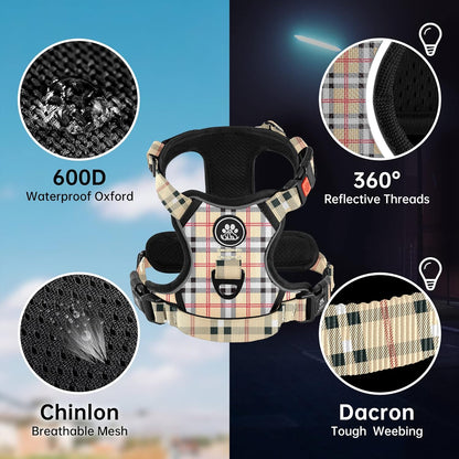 NESTROAD No Pull Dog Harness with Leash, Reflective No Choke Pet Vest Harness,Adjustable Soft Padded Dog Harness with Easy Control Handle for Small Dogs(Checkered Beige,Small)