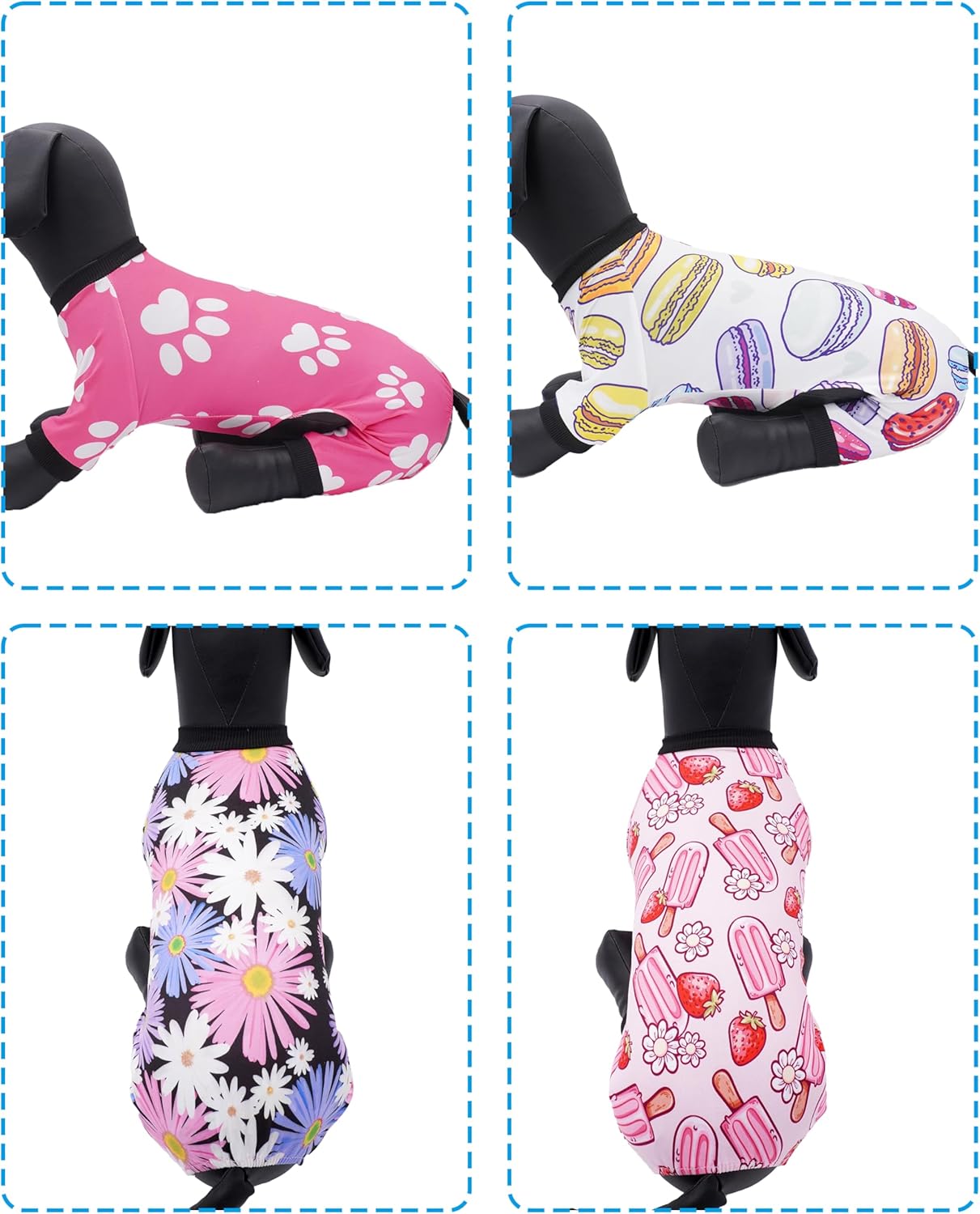 PET SHOW 4 Pack Dog Pajamas for Small Medium Dogs Girl Soft Stretchy PJs Paw Floral Jumpsuit Dog Doughnut Ice Cream Onesies Outfits with Sleeve Pets Breathable Summer Clothes Costume XL