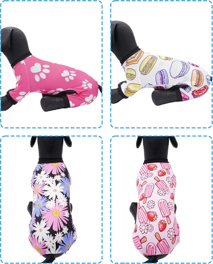 PET SHOW 4 Pack Small Dog Pajamas Girl Doggies Soft Stretchy PJs Paw Floral Puppy Cats Doughnut Ice Cream Onesies Outfits with Sleeve Pets Breathable Summer Clothes Costume S