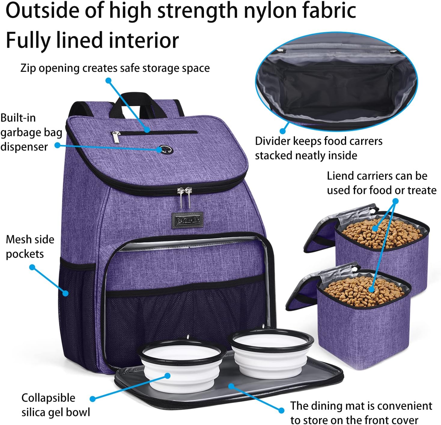 BAGLHER丨Dog Travel Bag, Airline Approved Pet Supplies Backpack, Dog Travel Backpack Accessories Set with 2 Silicone Collapsible Bowls and 2 Food Baskets. Purple - Pawvie