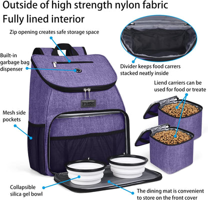 BAGLHER丨Dog Travel Bag, Airline Approved Pet Supplies Backpack, Dog Travel Backpack Accessories Set with 2 Silicone Collapsible Bowls and 2 Food Baskets. Purple - Pawvie