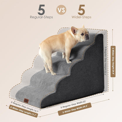 EHEYCIGA Curved Dog Stairs Ramp for High Beds, 5-Step Extra Wide Dog Steps for Small Dogs and Cats, Pet Stairs for High Bed Climbing, Non-Slip Balanced Pet Step Indoor, Grey