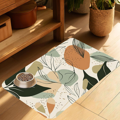 Abstract Boho Leaves Dog Food Mat-Absorbent Pet Feeding Mat for Food and Water Bowl, Quick Dry Dog Placemat with Rubber Backing-No Stains Pet Supplies for Messy Drinkers 16"x24"