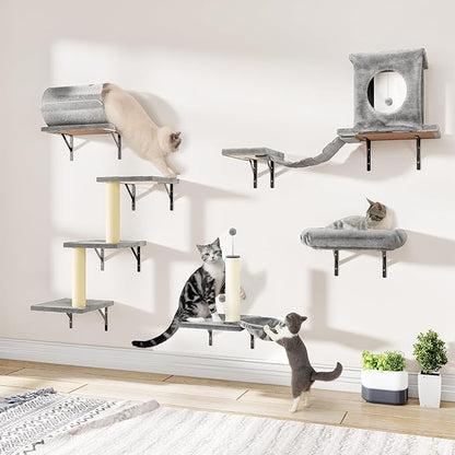 NUNU LAB Wall Mounted Cat Wall Shelves, 14-in-1 Cat Wall Climber with Bridge, Tunnel, House, Scratcher, Steps, Indoor Space-Saving Furniture for Kittens Play, Gray