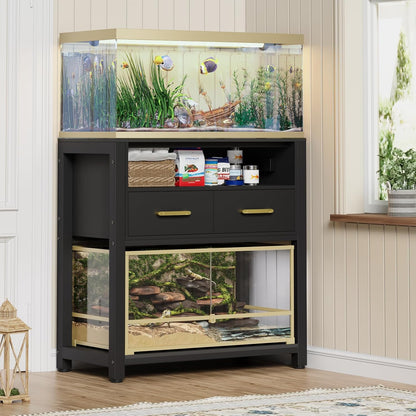 20-29 Gallon Aquarium Stand with Power Outlet & 2 Storage Drawers, Heavy Duty Metal Frame Fish Tank Stand with Waterproof Mat, 30.7" L*15.7" W Tabletop, 550LBS Capacity, Black