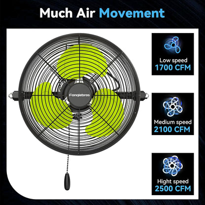 12 IN High Velocity Wall Mount Fan, 3 Speed Industrial Wall Fan with Sealed Motor, 2500 CFM Adjustable Air Circulator for Garage, Commercial, Greenhouse, Warehouse & Gazebo Use, UL Listed