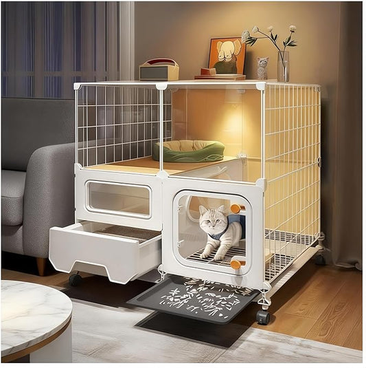 cat cage Indoor with Litter Box, Complimentary Bed, Bowl,Cleaning Three piece Set,cat Enclosure, Kennel,Pet Cage, Cat House with Wheels(28″(L) x18.1″(W) x32.3″(H)