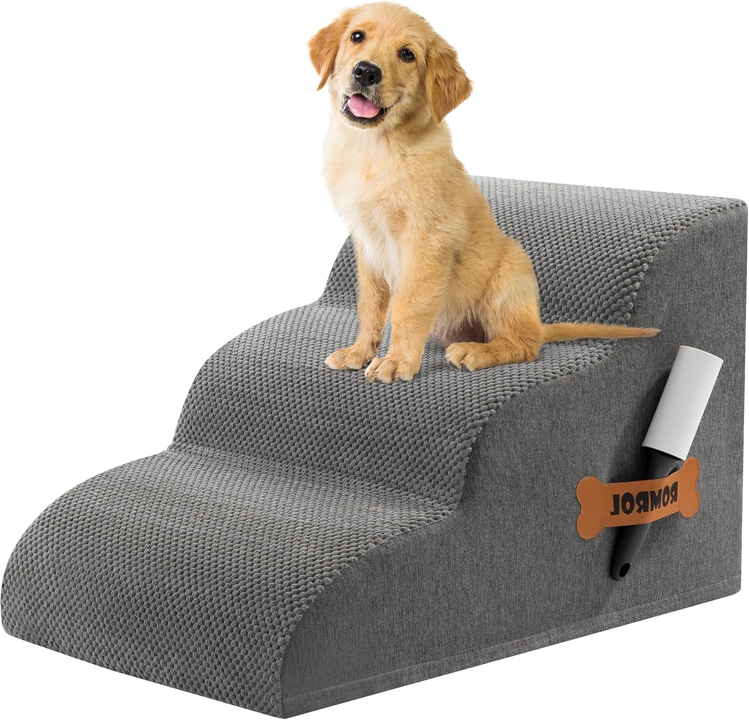 Romrol Dog Stairs Ramp for Beds Couches, 15.7” H 33D Extra Wide Pet Steps with Durable Non-Slip Waterproof Fabric Cover, Dog Slope Stairs for Small Dogs and Cats or Pets Friendly, 3-Tiers, Grey - Pawvie