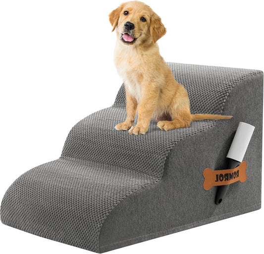 Romrol Dog Stairs Ramp for Beds Couches, 15.7” H 33D Extra Wide Pet Steps with Durable Non-Slip Waterproof Fabric Cover, Dog Slope Stairs for Small Dogs and Cats or Pets Friendly, 3-Tiers, Grey - Pawvie
