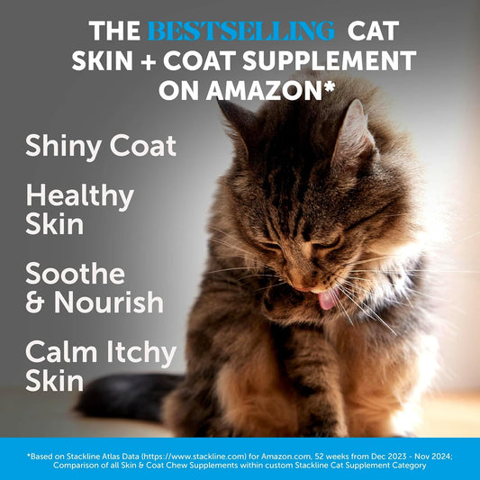Cat Skin & Coat Health Crunchy & Creamy Chews - Omegas, Vitamin C + E, Biotin Supplement, Soothes Skin and Promotes Shiny Coat, Cat Supplements & Vitamins - Chicken (30-Day Supply)