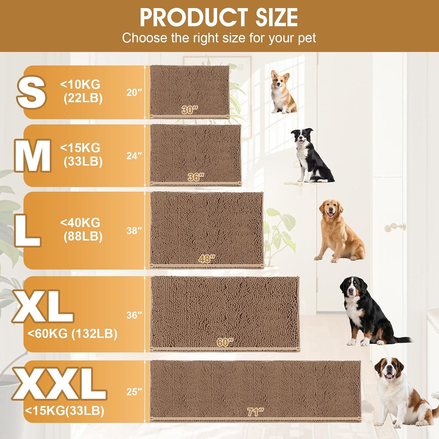 Dog Door Mats for Muddy Paws, Chenille Absorbent Door Mats, Non Slip Heavy Mud Mat for Dogs, Soft Indoor Door Mat for Entryway, Mud Paws, Inside Floor,30" X 20", Camel