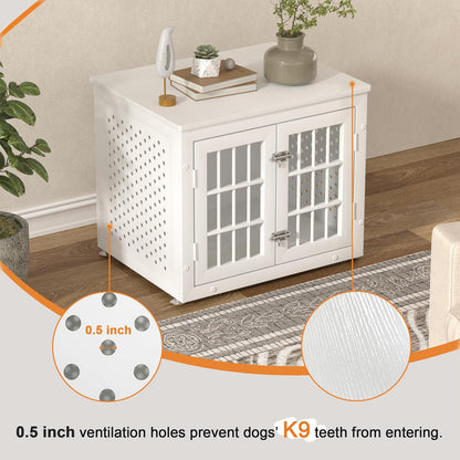26" Heavy Duty Dog Crate Furniture for Small Dogs, Metal Kennel for High Anxiety Dogs, Chew Proof Pet Cage Indoor, Decorative Dog Kennel End Table, White