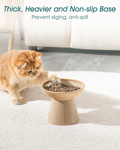 vancasso Ceramic Elevated Cat Bowls 2-Pack - 6.2" Extra Wide Raised Cat Food & Water Dishes, 5.1" Optimal Height Anti-Whisker Fatigue Shallow Bowls for Cats/Kittens/Dogs, Lead & Cadmium Free (Brown)