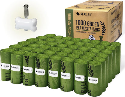 GORILLA SUPPLY Dog Poop Waste Bags with Dispenser and Leash Tie, 9" x 13", Green, 1000 Count
