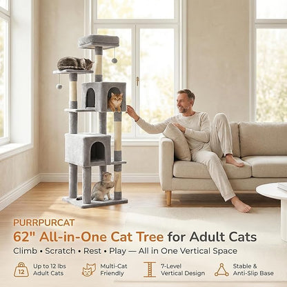 62" Cat Tree for Adult Cats - Multi-Level Tower with 2 Condos, Scratching Posts, Plush Bed & Pompoms, Gray