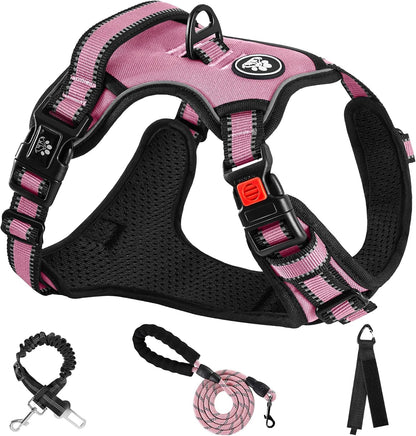 NESTROAD No Pull Dog Harness,Adjustable Oxford Dog Vest Harness with Leash,Reflective No-Choke Pet Harness with Easy Control Soft Handle for Large Dogs(X-Large,Pink)