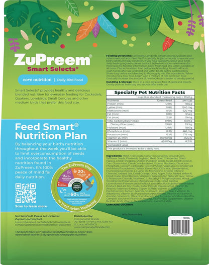ZuPreem Smart Selects Pellets & Seed Blend, Daily Food for Cockatiel, Lovebird, Quaker, Conure, Lorikeet, Core Nutrition Food for Medium Birds, Essential Vitamins, Conure Feed (M, 2.5 lbs)
