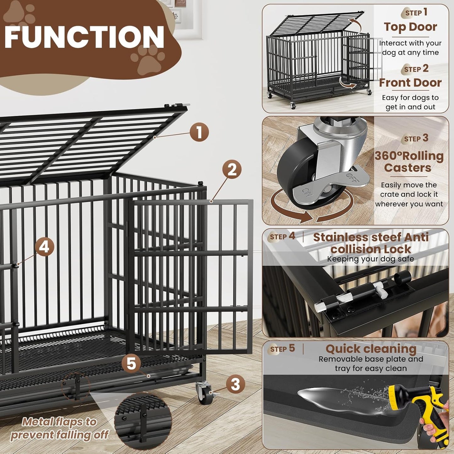 LEVELEVE 54 Inch Heavy Duty Indestructible Dog Crates for Large Dogs，Escape Proof Dog Cage Large Dogs with Lockable Wheels，Dog Kennel Furniture Indoor&Outside