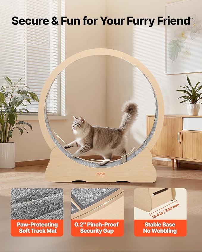 VEVOR Cat Exercise Wheel, 48 in Wooden Cat Running Wheel for Indoor Cats up to 28 lbs, Cats Treadmill with Carpeted Runway & Locking Mechanism, Quiet Roller Kitten Sport Toys for Pets Fitness & Health