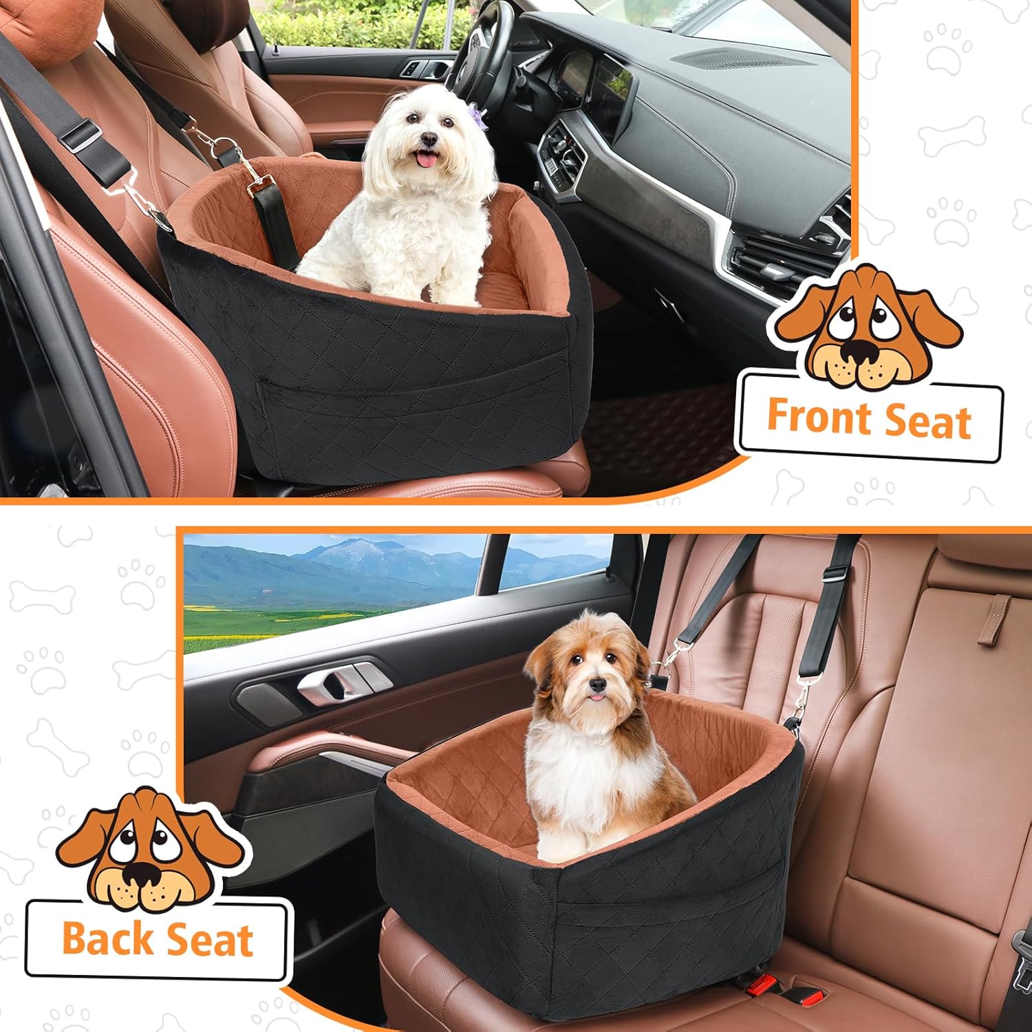 Dog Car Seat for Small Medium Dogs,Detachable Washable Dog Booster Seat Under 30lbs, Pet Car Seats Travel Bed with Storage Pockets and Safety Belt(Black/Z) - Pawvie