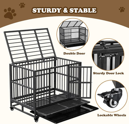 Dog Crate with Removable Tray, 37/42/46 Inch Indestructible and Escape Proof Steel Dog Cage Kennel for High Anxiety Dogs, Heavy Duty Dog Crate with Wheels, Double Door, Extra Large XL XXL