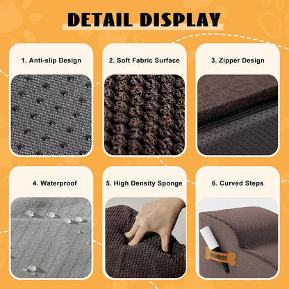 High Density Foam Dog Stairs Ramp for Beds Couches, Romrol Pet Steps with Durable Non-Slip Waterproof Fabric Cover, Dog Slope Stairs Friendly to Small Dogs and Cats or Pets Joints, 2-Tiers