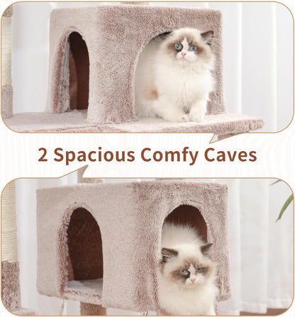 Cat Tree for Indoor Cats, 71'' (180cm) Multi-Level Cat Tower for Large Adult, Sturdy Cat Tree House with 2 Scratching Boards 7 Posts, 2 Plush Perches/Condos, Hammock, Muchroom GCT032MU